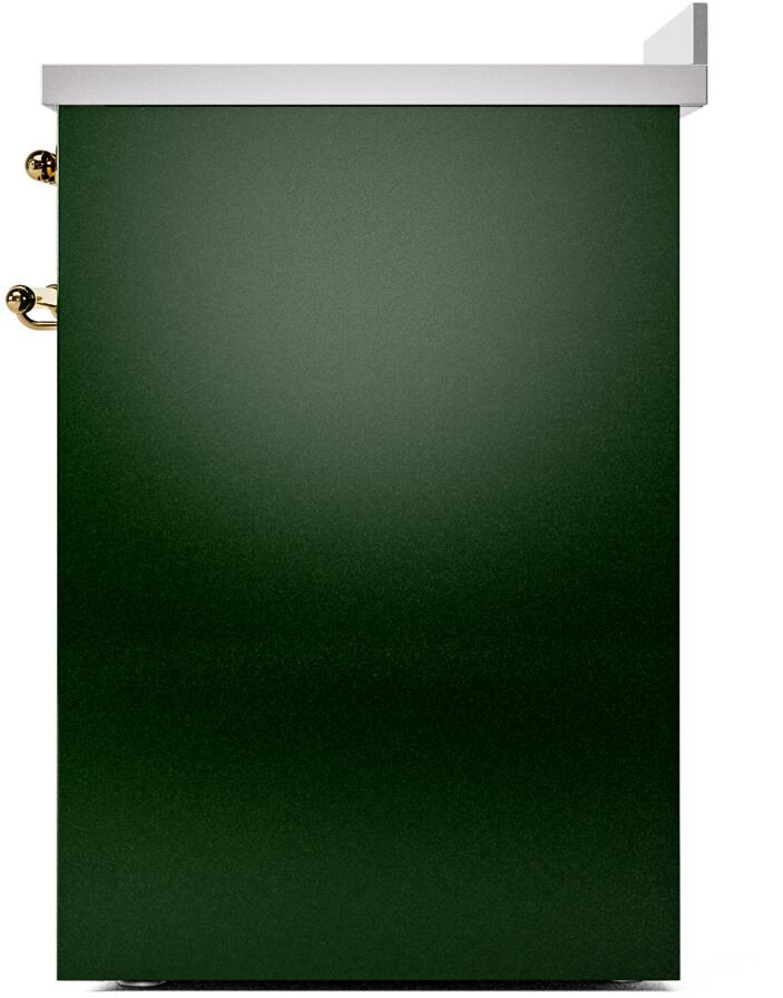 Emerald green rear corner of freestanding induction range with brass hinge brackets