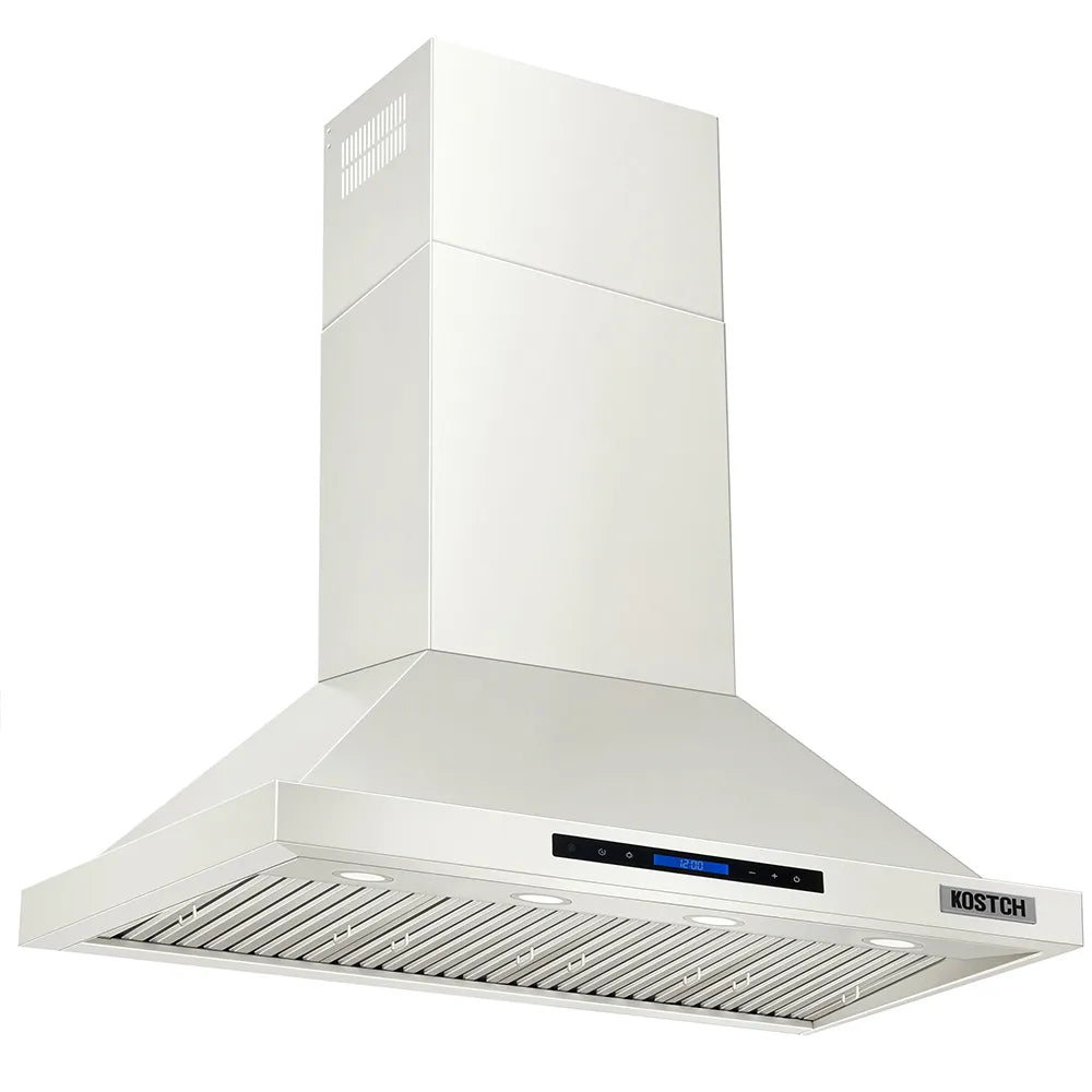 White wall-mounted range hood with angled canopy and stainless baffle filters