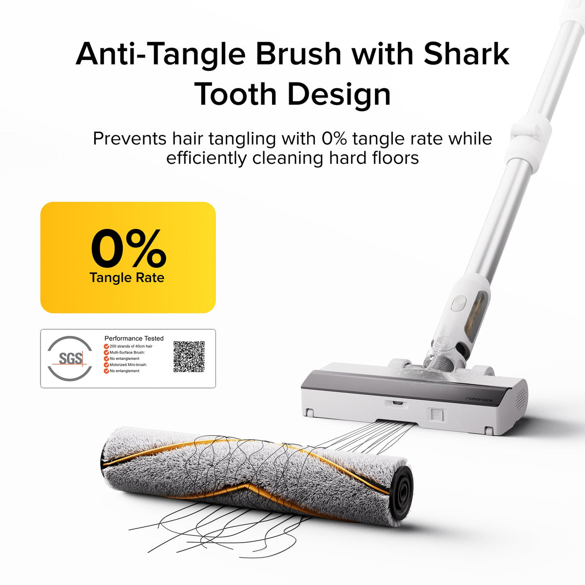Cordless vacuum anti-tangle floor brush with roller and side suction channels