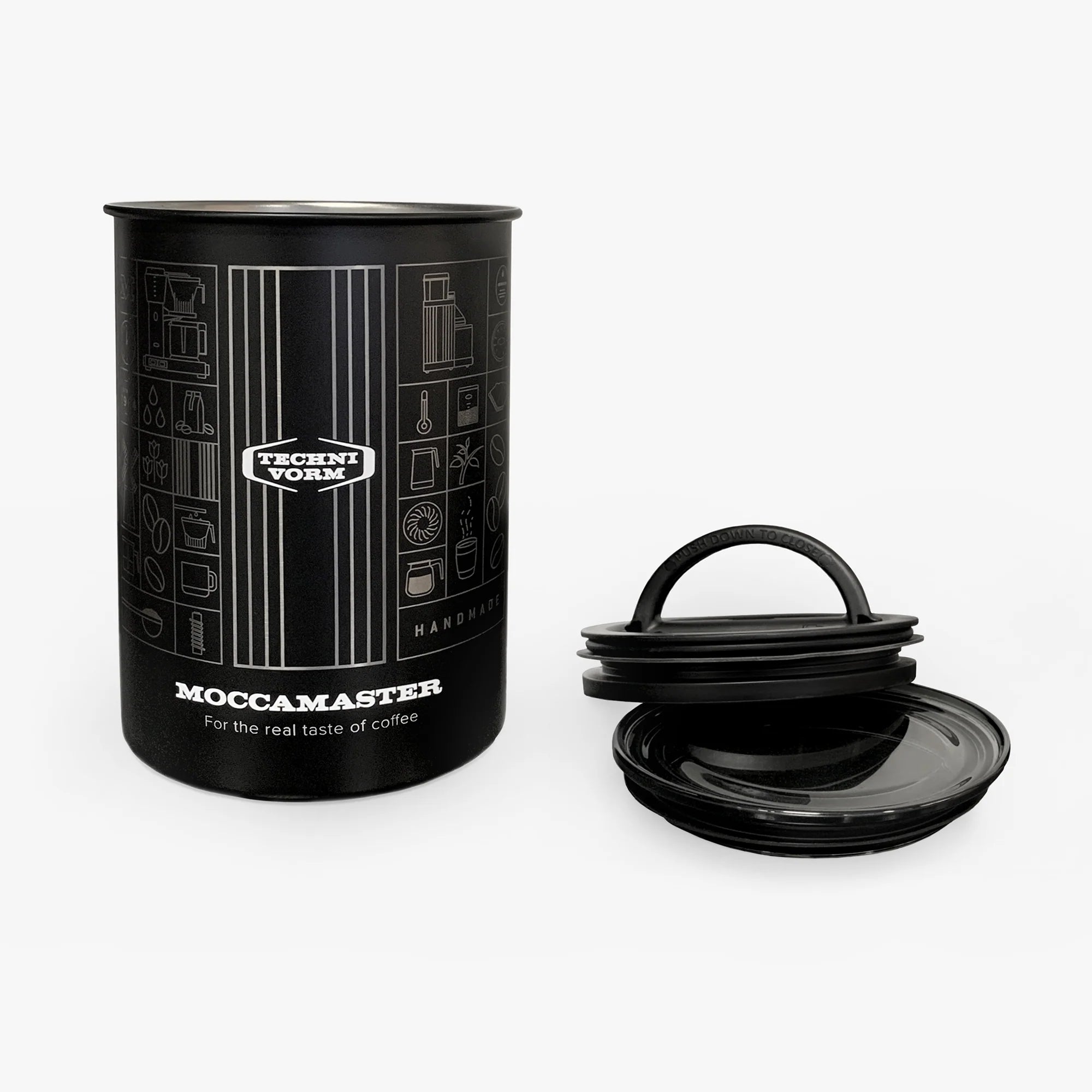 Black coffee canister with detached inner lid and stackable top ring