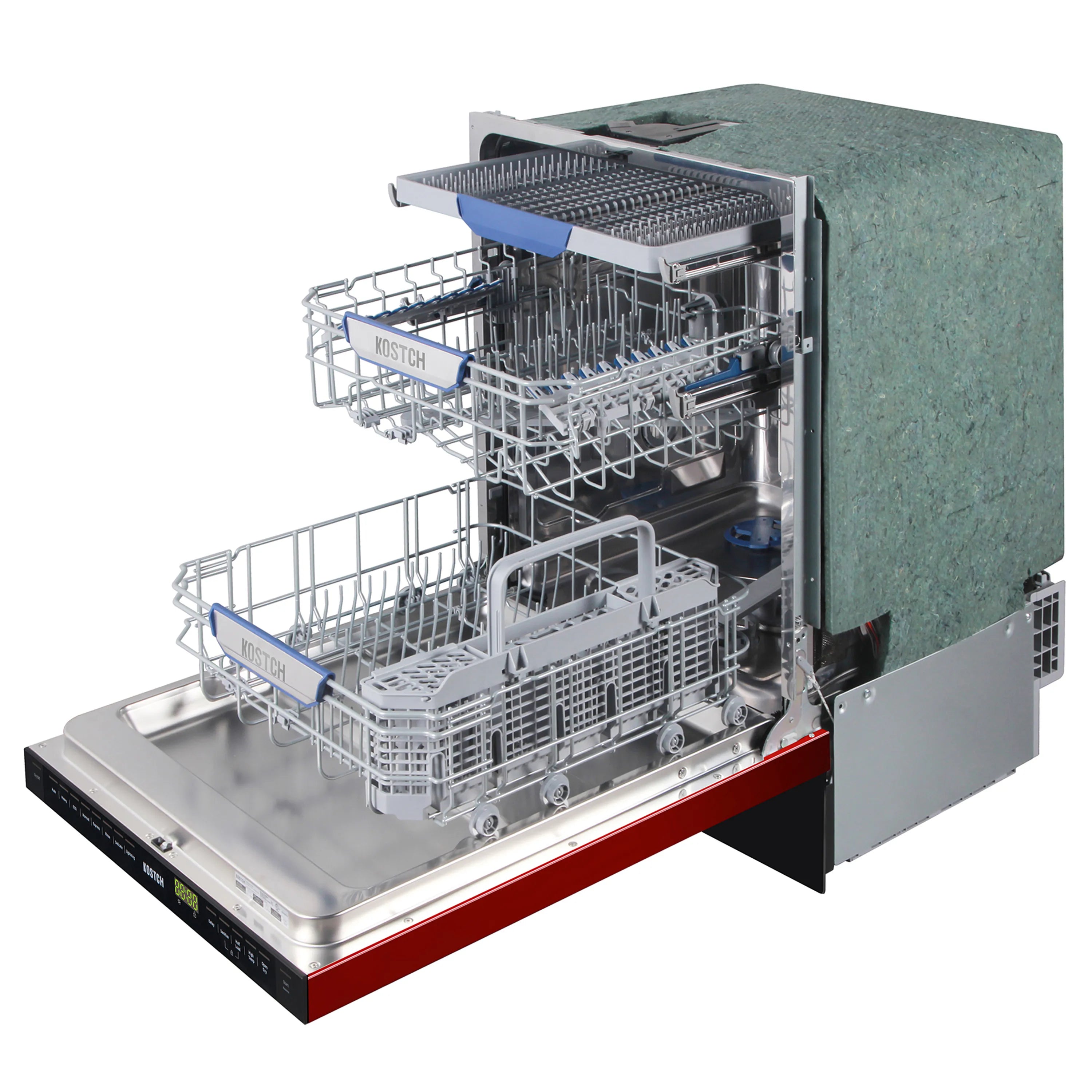 Dishwasher with open door showing stainless racks and third tray, internal view