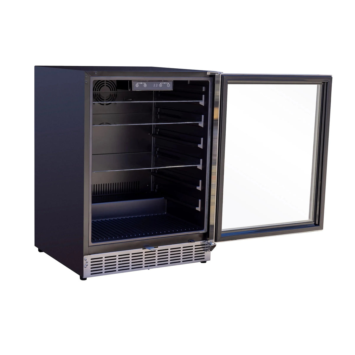 Outdoor rated fridge with open glass door, black interior shelves and vented base