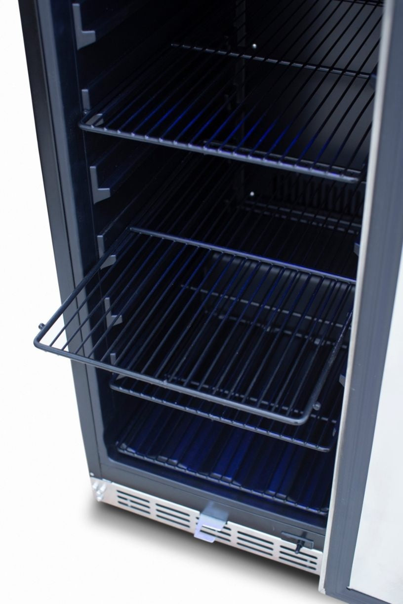 Outdoor refrigerator interior with glass door open and wire shelves