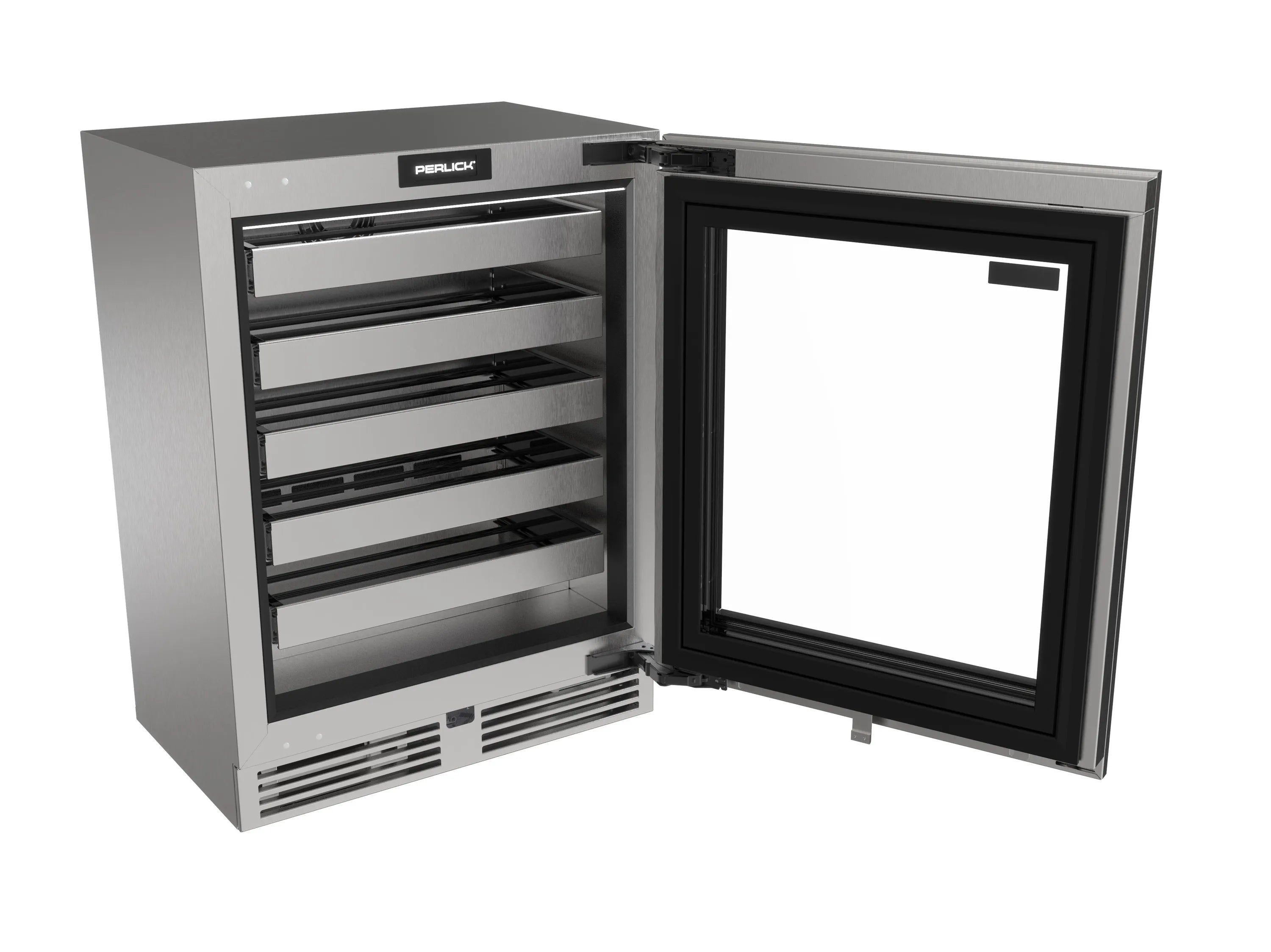 Perlick undercounter wine cooler with open door, black glass, interior racks