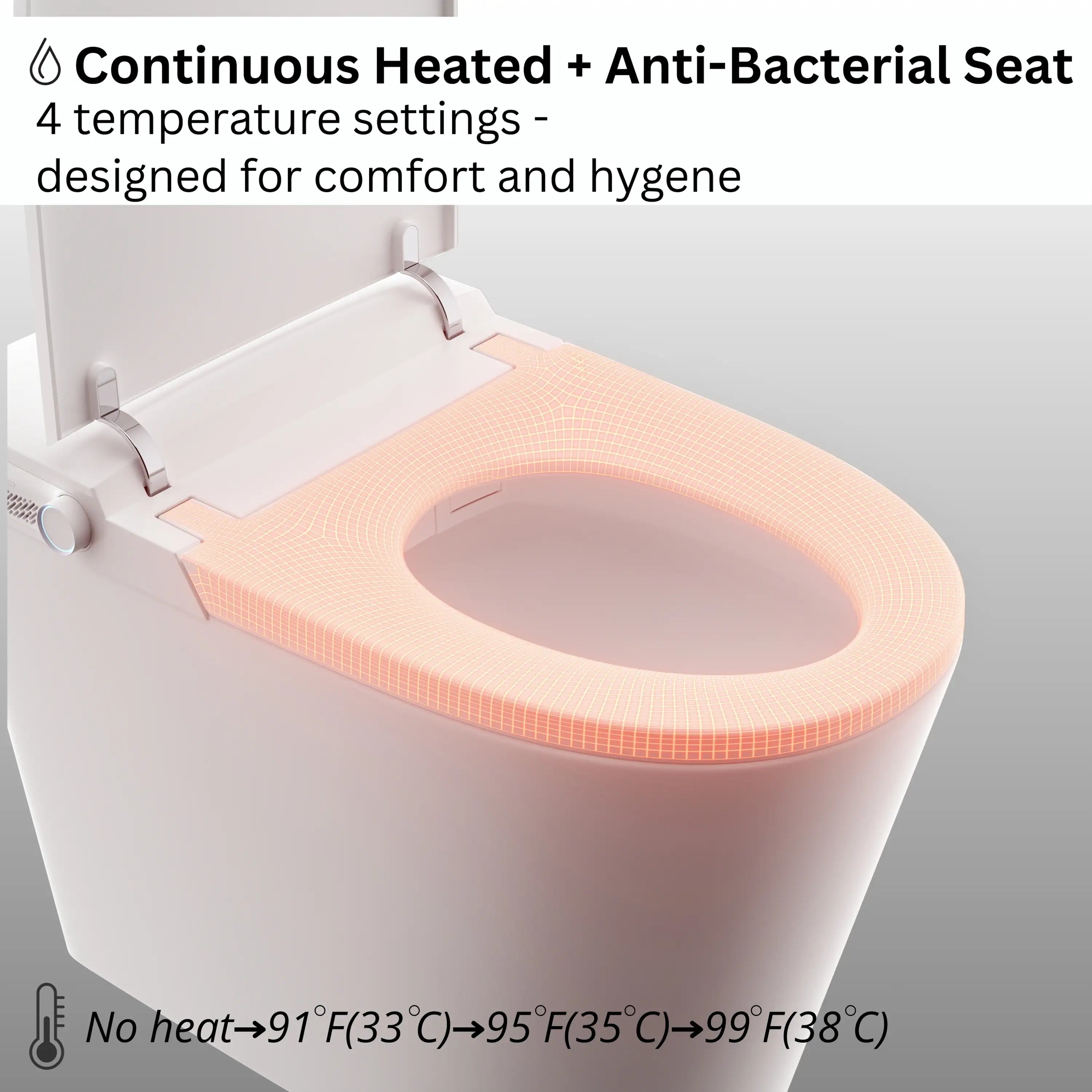 Smart toilet heated seat with anti-bacterial surface and four temperature settings.