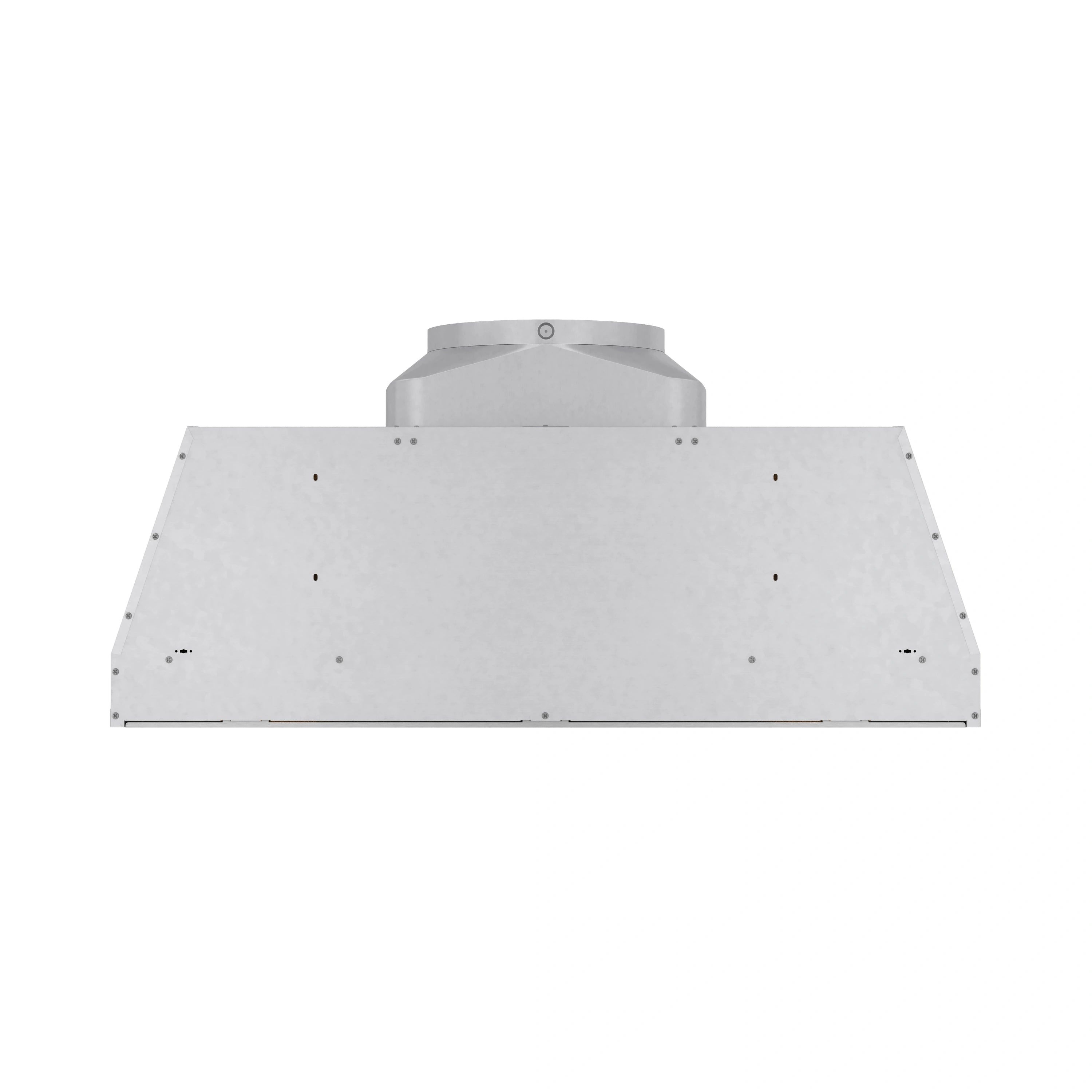 Stainless steel range hood insert back panel with duct collar connection