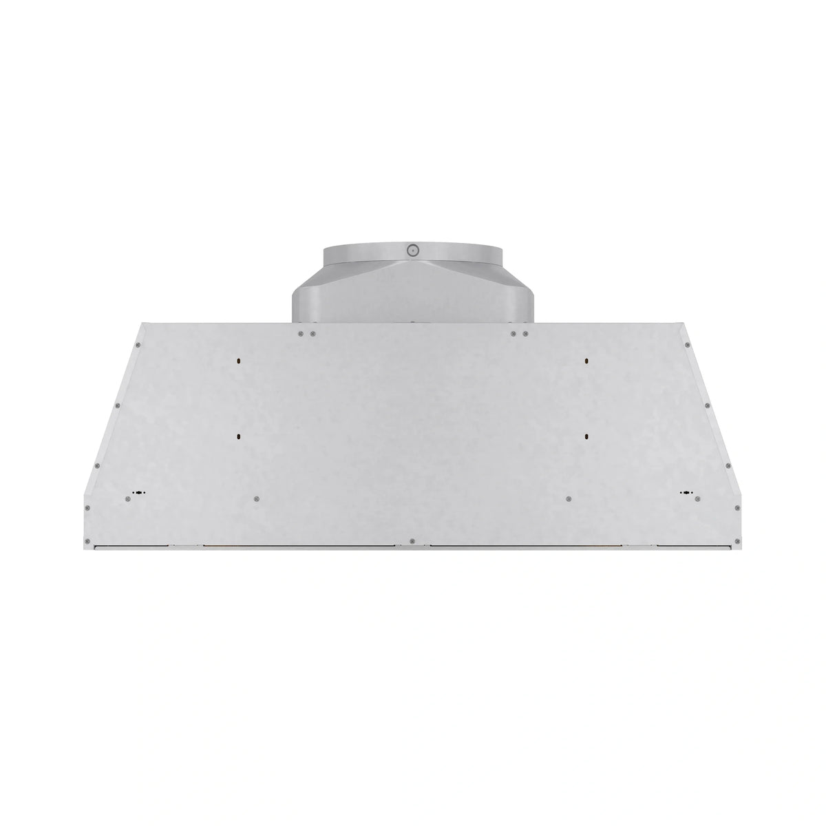 Stainless steel range hood insert underside view with mounting hardware