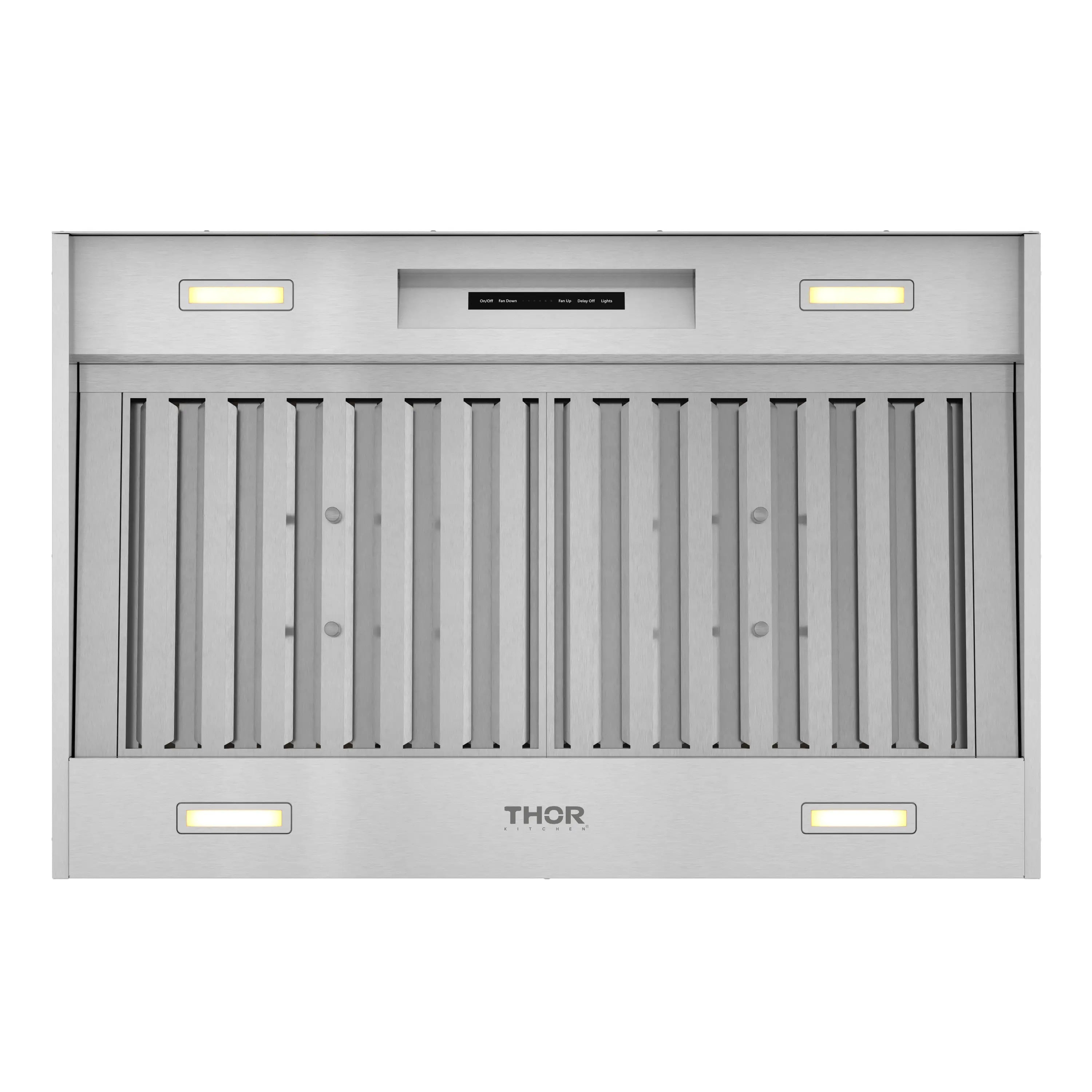 Front view of stainless steel range hood insert with vertical vent slats and controls