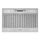 Front view of stainless steel range hood insert with vertical vent slats and controls