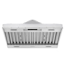 Front close-up of stainless steel range hood insert with vertical vent slats and brand