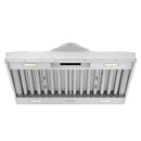 Overhead view of stainless steel range hood insert with vent slats and center filter