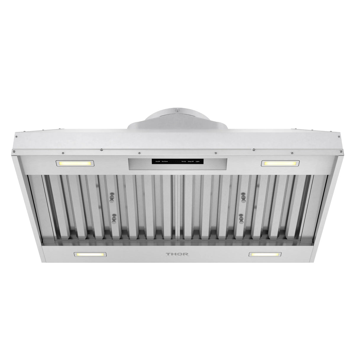 Stainless steel range hood insert with front vent grille and control panel strip