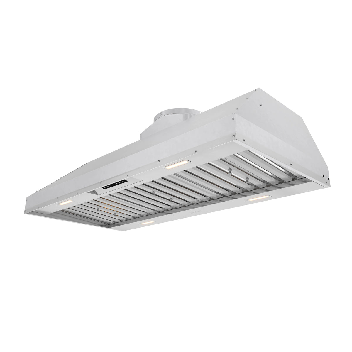 Stainless steel range hood insert underside with lit lamps and slotted baffle filters