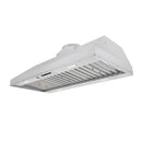 Stainless steel range hood insert underside with lit lamps and slotted baffle filters