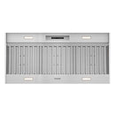 Stainless steel range hood insert front view with vertical baffle filters and lights