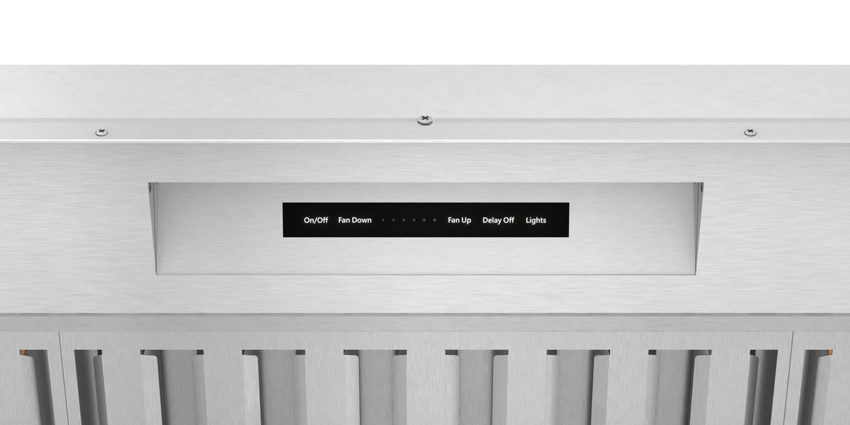 Range hood insert control panel with fan speed, light, and delay buttons