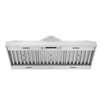 Stainless steel range hood insert with front baffle filters and low-profile casing