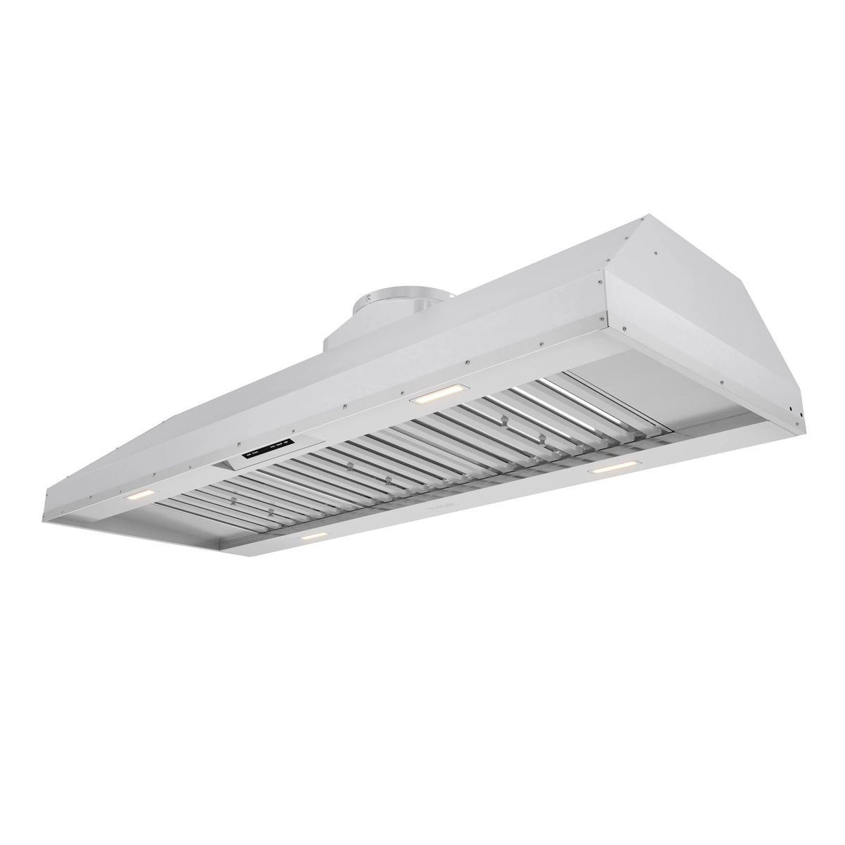 Light-colored range hood insert angled view with underside baffle and glowing lights