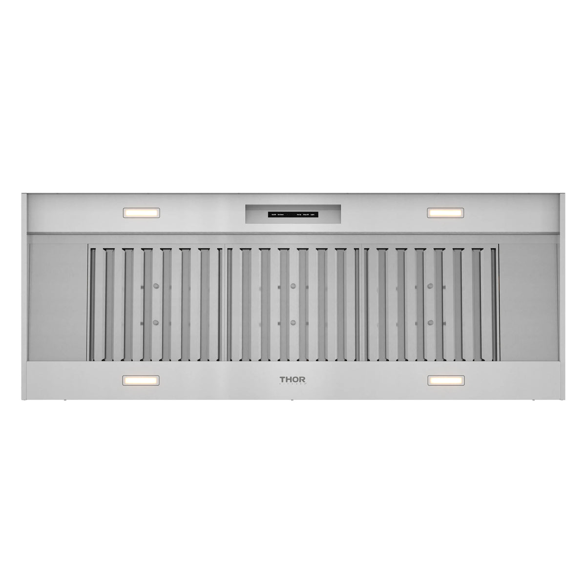 Stainless steel range hood insert with front vent louvers and light panels