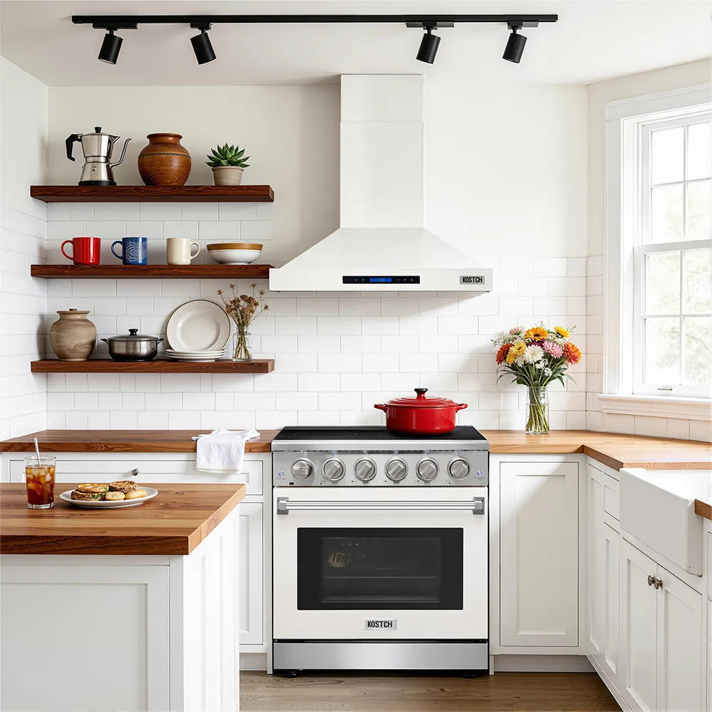 White convertible wall-mounted range hood with chimney duct cover and control panel