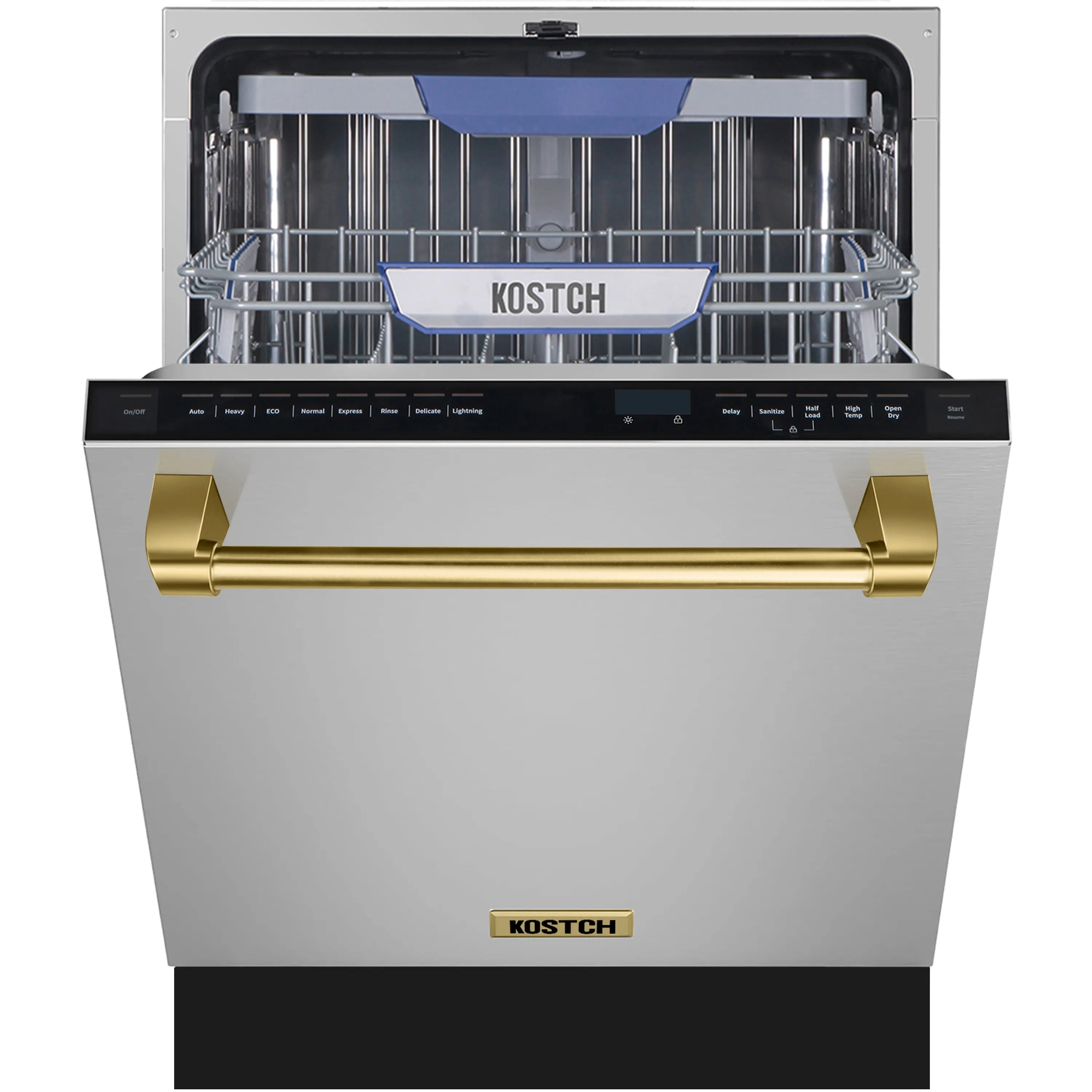 Open front built-in dishwasher with chrome racks and bronze handle, KOSTCH badge