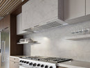 Stainless steel range hood insert installed under cabinet with vent filter grille