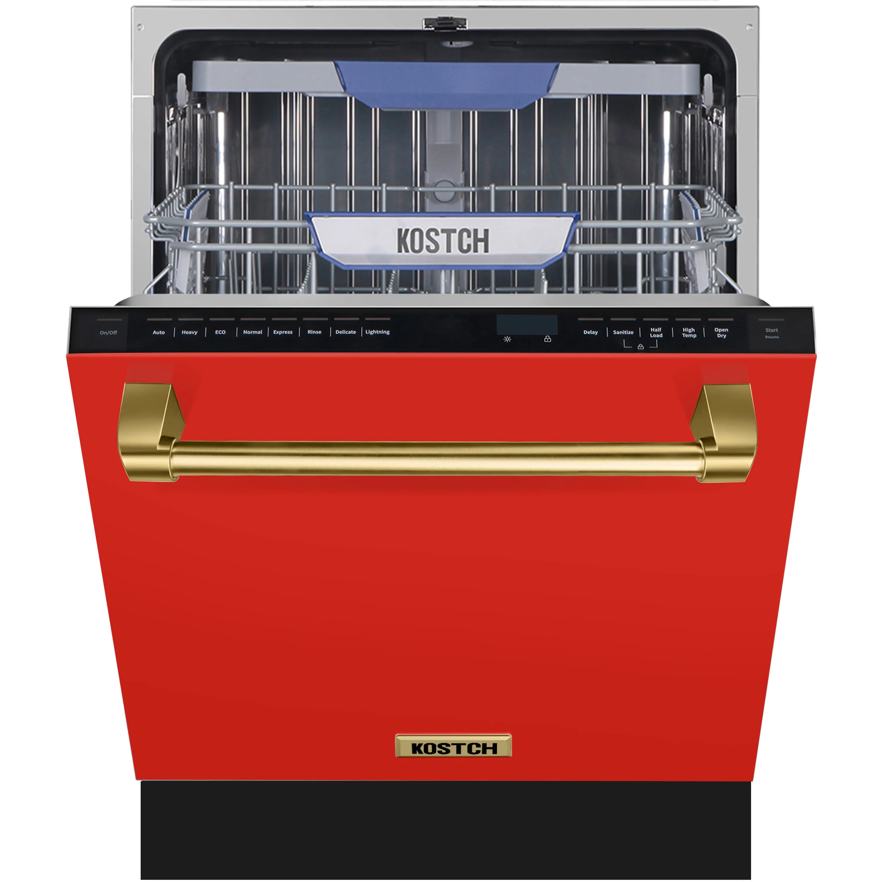 Dishwasher interior with blue third rack, bronze handle bar and open door