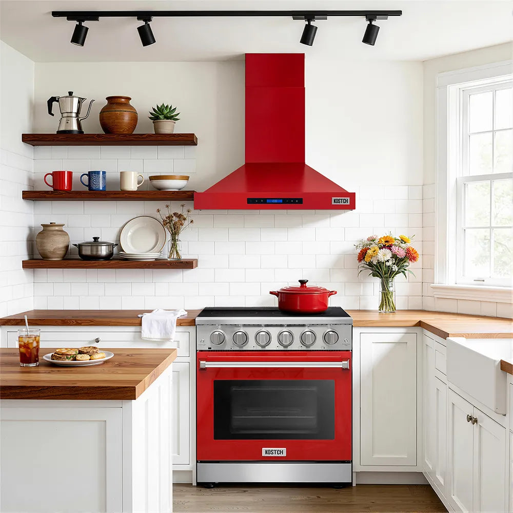 Red convertible wall-mounted range hood over the stove with control panel and lights
