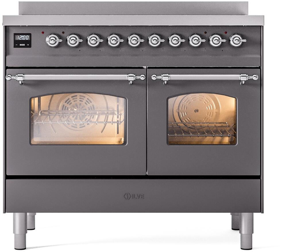 Matte graphite freestanding induction range with dual oven doors and chrome trim