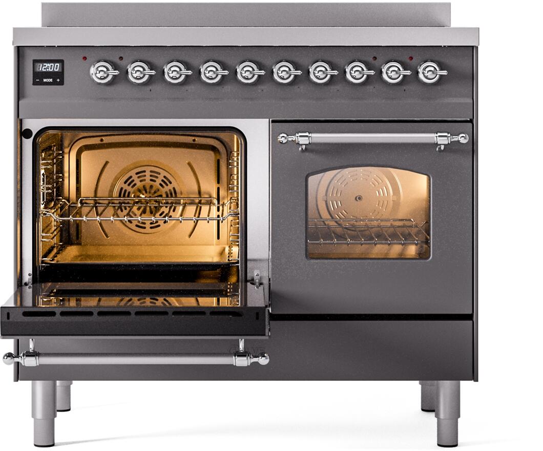 Induction range with one open oven door and a lit oven interior