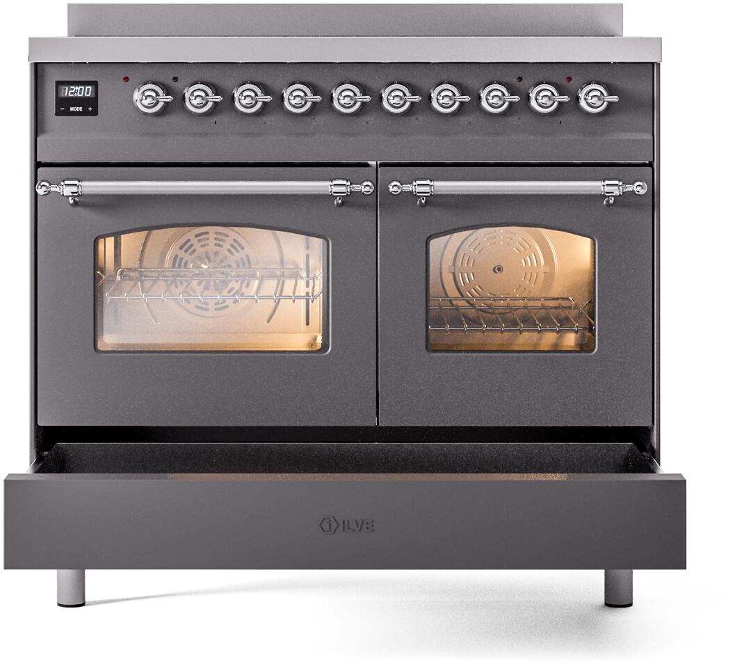 Freestanding induction range with dual glass oven windows in matte graphite