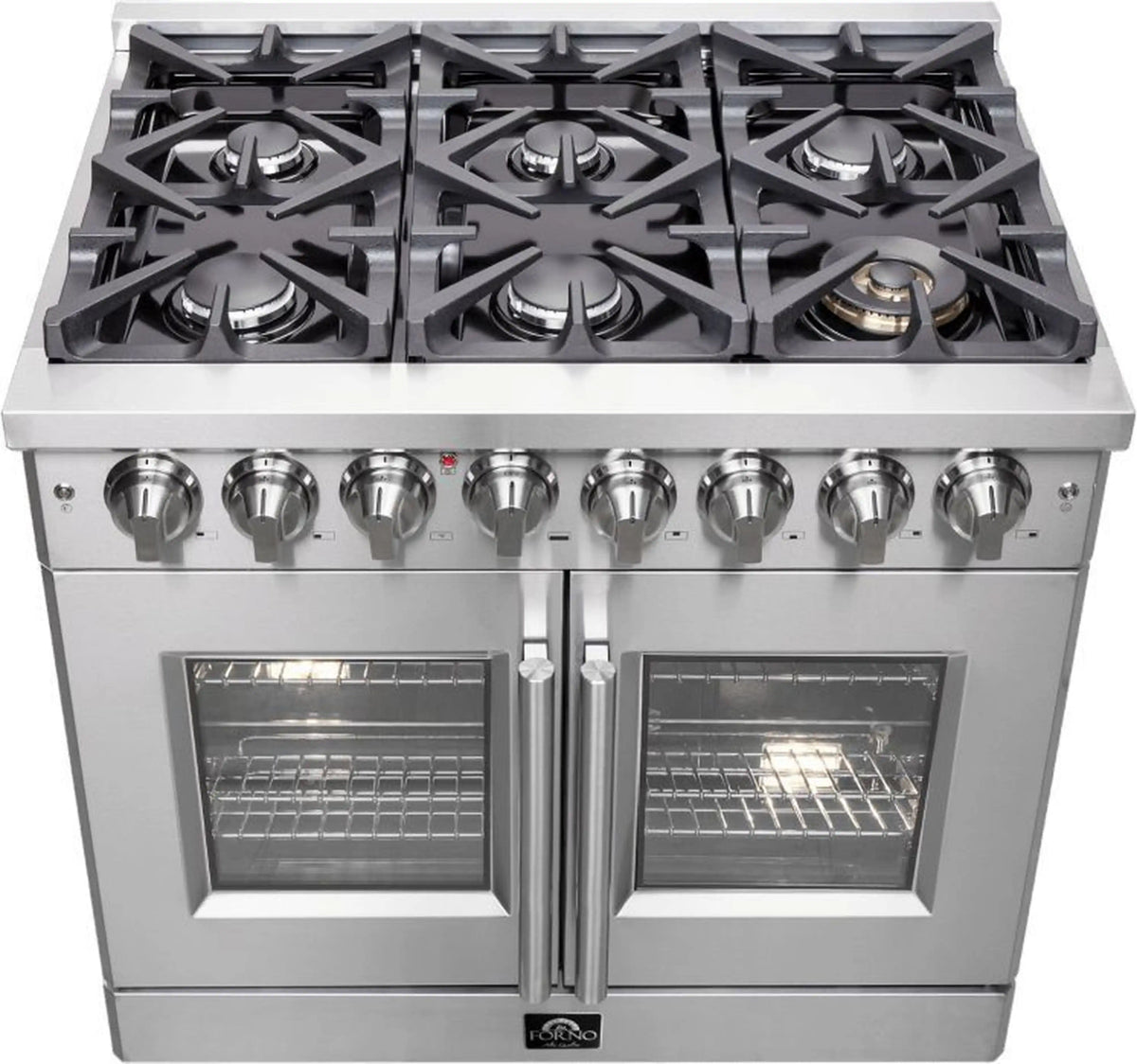 Stainless steel dual fuel range with six burners and two oven doors with control knobs