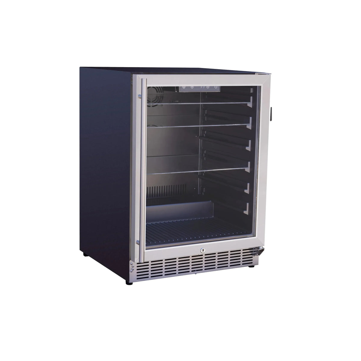 Outdoor rated fridge with glass door, black interior shelving and front vent grille
