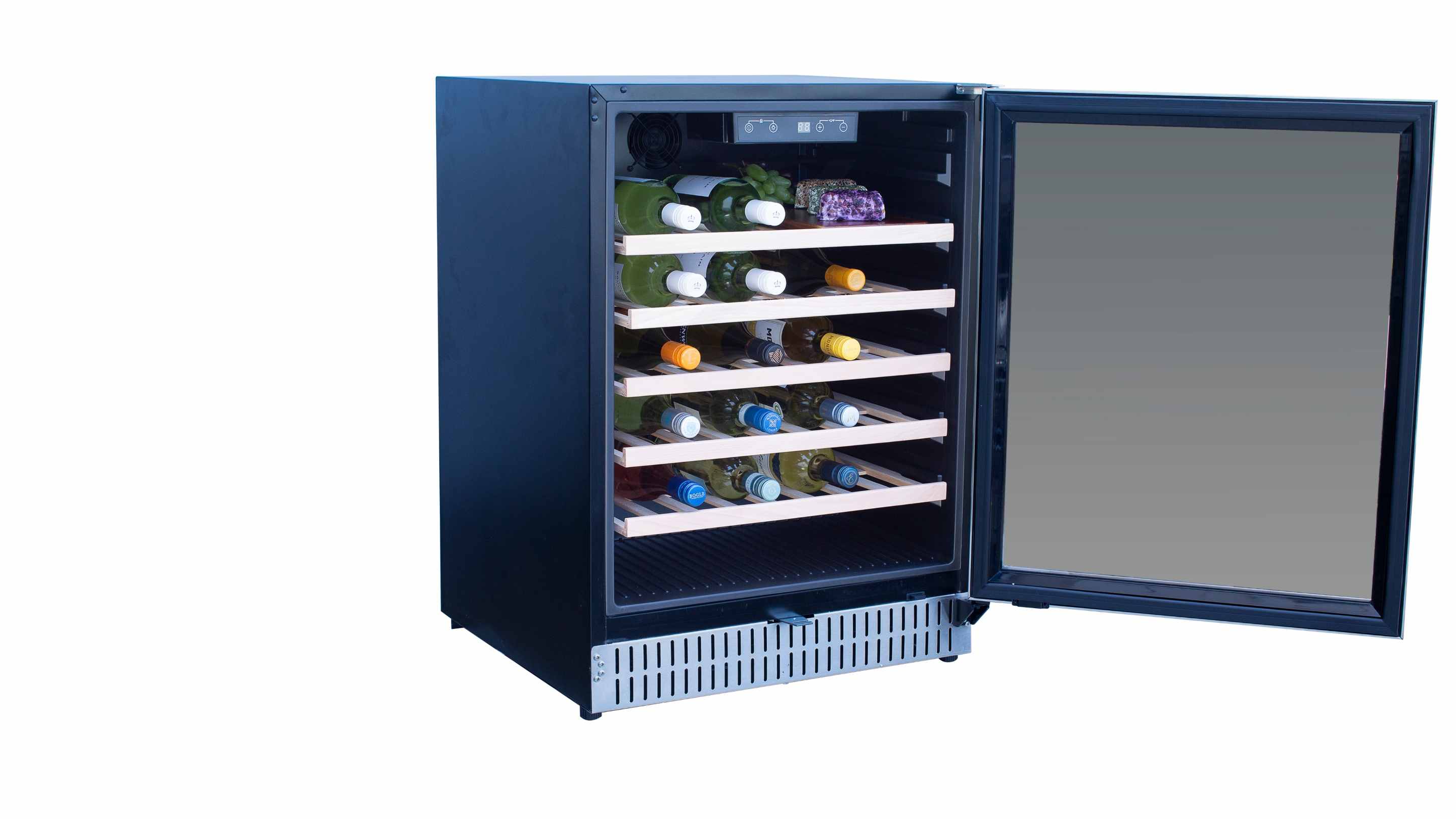 Outdoor wine cooler with open door showing interior racks and wine bottle storage