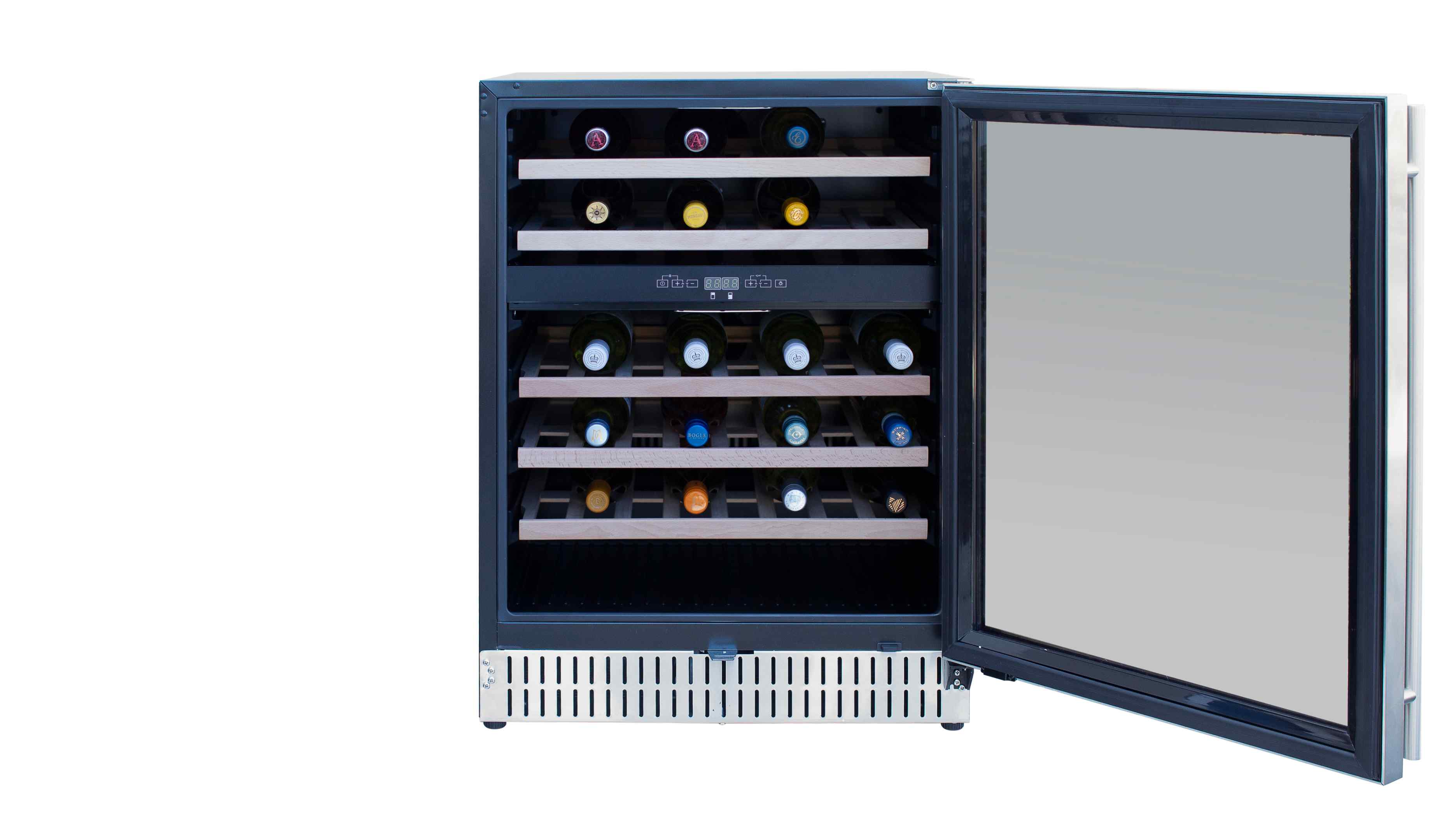 Stainless steel dual-zone outdoor wine cooler, open door with multiple storage racks