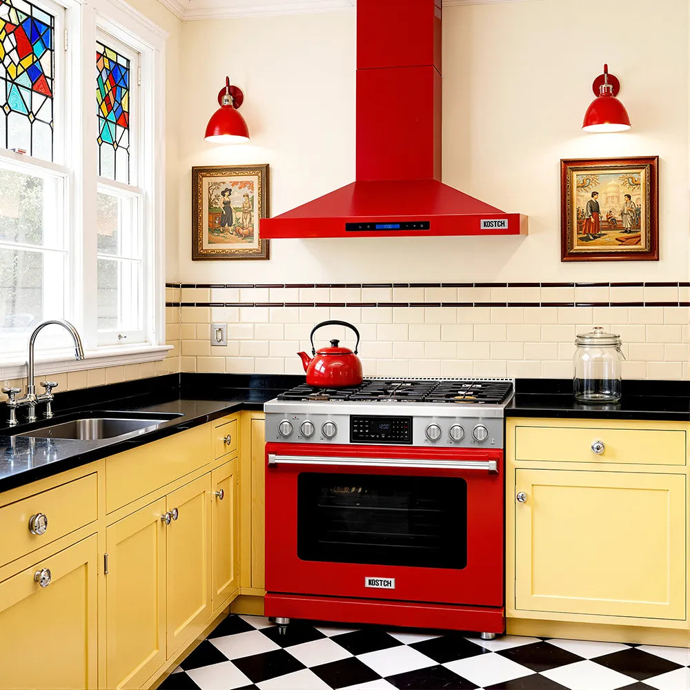 Red wall-mounted range hood centered above cooktop with built-in control panel