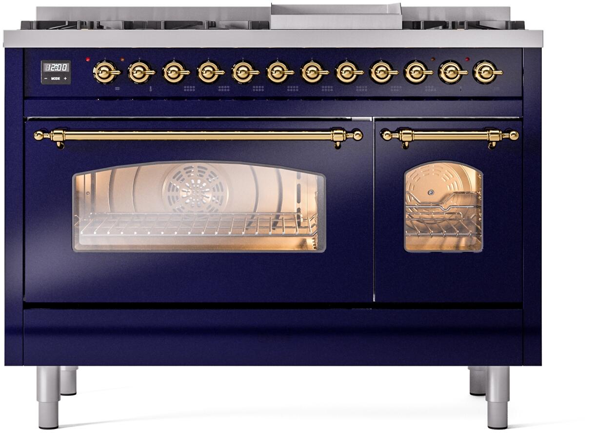 Freestanding dual-fuel range with dark blue door, brass knobs, and oven window
