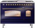 ILVE Nostalgie II 48-Inch Freestanding Natural Gas Dual Fuel Range in Midnight Blue with Brass Trim (UP48FNMPMBG)