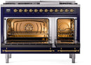 ILVE Nostalgie II 48-Inch Freestanding Natural Gas Dual Fuel Range in Midnight Blue with Brass Trim (UP48FNMPMBG)