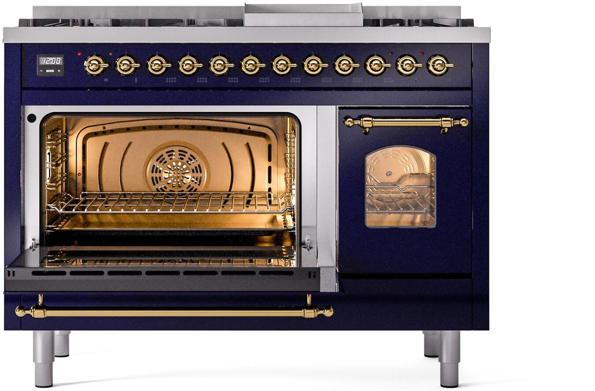 Midnight blue dual fuel range with oven cavity open, showing racks and warming interior