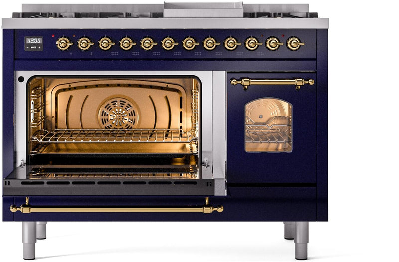 ILVE Nostalgie II 48-Inch Dual Fuel Freestanding Range in Midnight Blue with Brass Trim (UP48FNMPMBG)