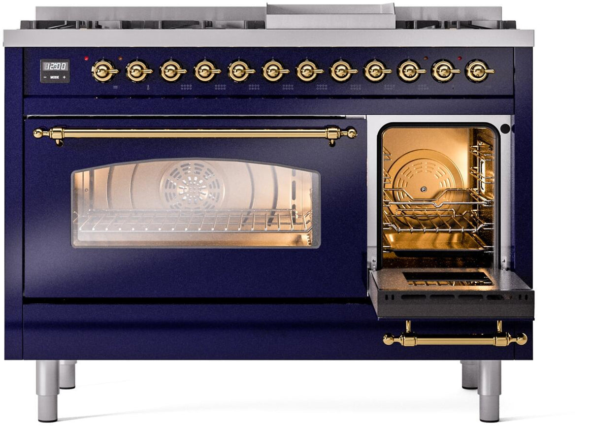 Dual-fuel range with right oven door open and glass front compartments