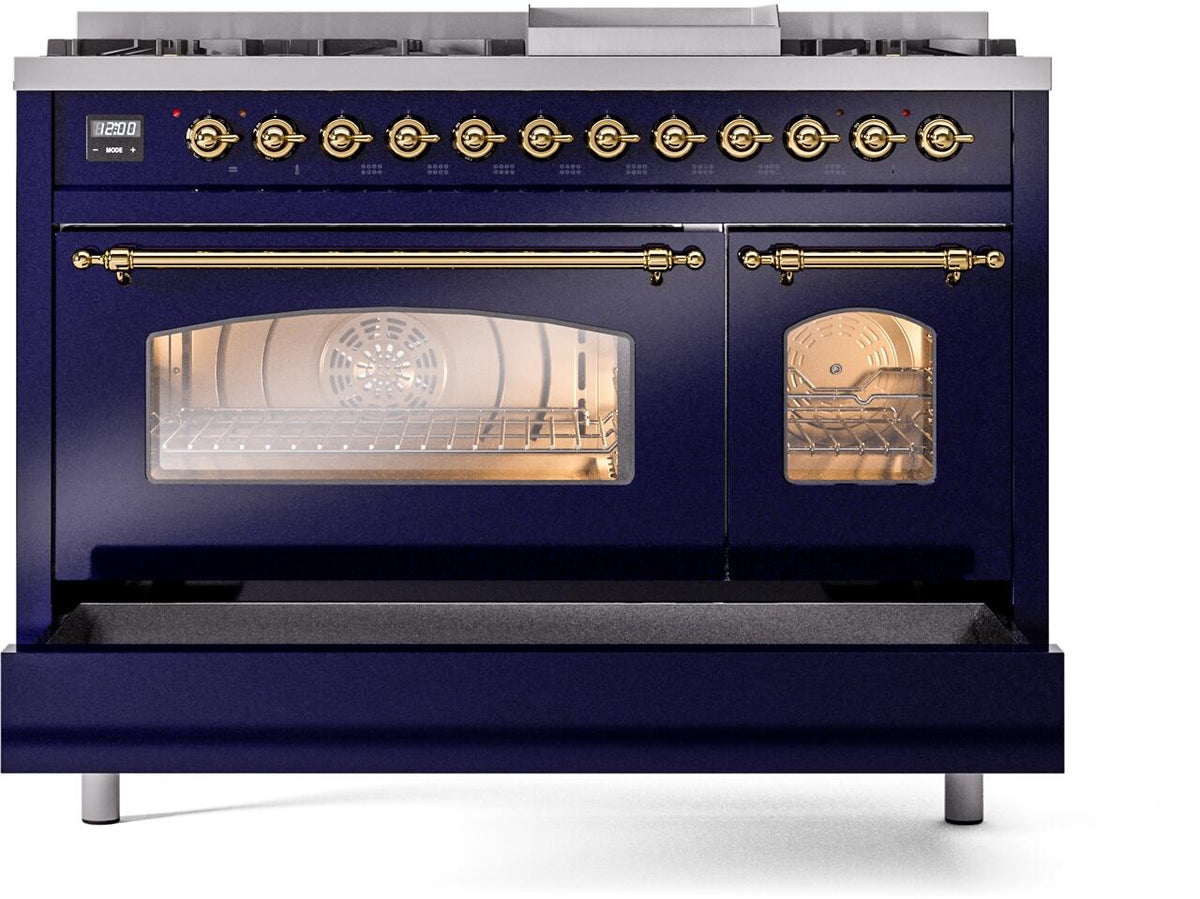 Freestanding dual-fuel range front with brass handles and illuminated oven window