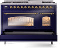 ILVE Nostalgie II 48-Inch Freestanding Natural Gas Dual Fuel Range in Midnight Blue with Brass Trim (UP48FNMPMBG)