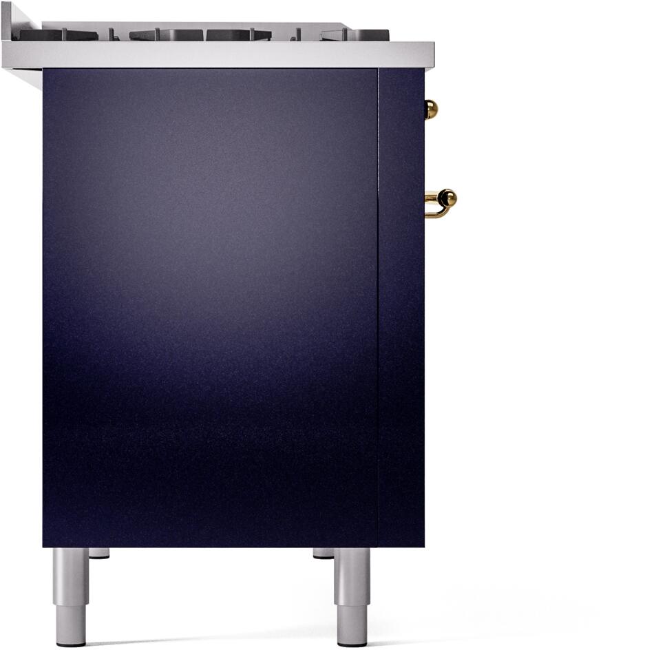 Freestanding range body in midnight blue with brass handle and leveling feet