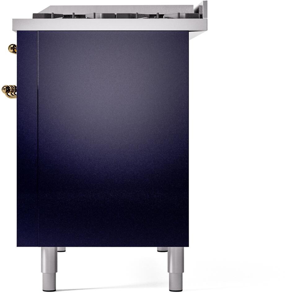Midnight blue range cabinet front with brass side knobs and silver leveling feet