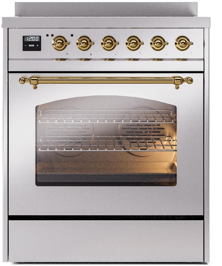 ILVE Nostalgie II 30-Inch Freestanding Electric Induction Range in Stainless Steel with Brass Trim (UPI304NMPSSG)