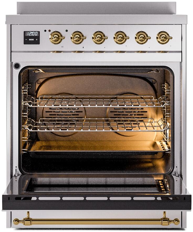 Stainless electric induction range with brass-trim control knobs and open oven cavity