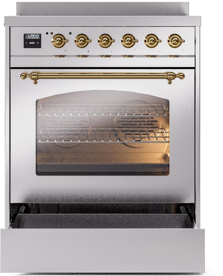 Stainless electric induction range with brass-trim oven handle and closed glass door