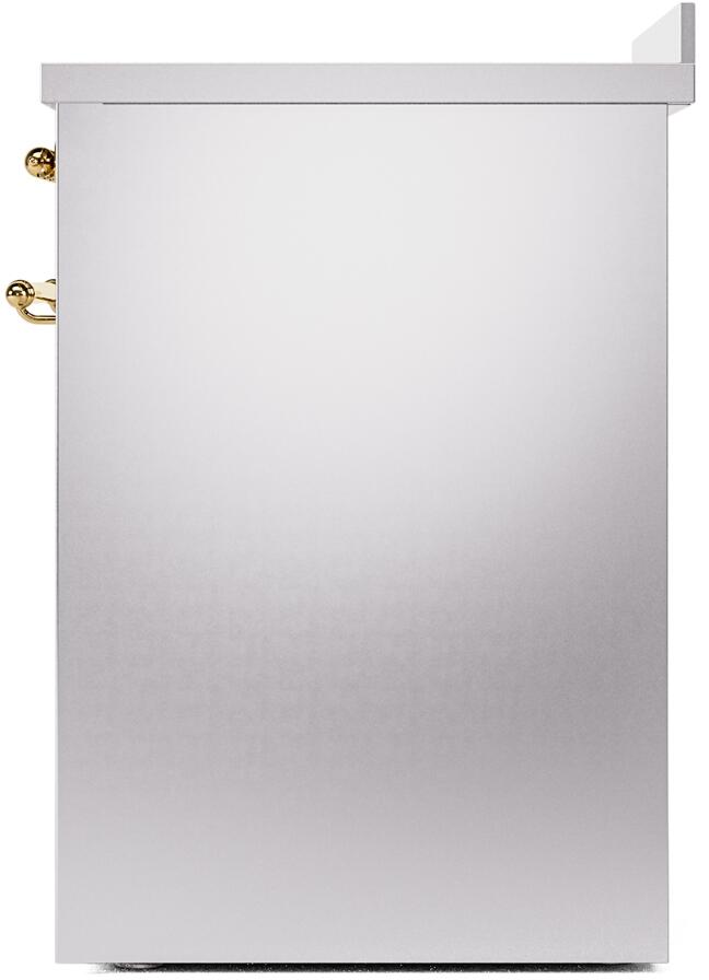 Stainless steel range rear side panel with brass trim hardware